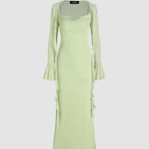 Cider Mesh Cowl Neck Ruffle Maxi Dress and Shrug Green